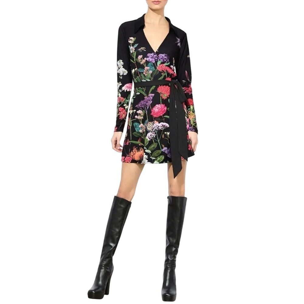 Alice + Olivia Millicent Wrap Dress Black Floral Butterfly Long Sleeve Mini 10 - Picture 3 of 15